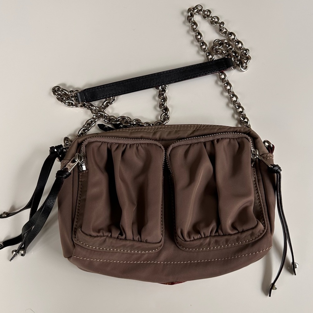 MZ Wallace nylon silver chain link shoulder multi pocket Crossbody beige grey